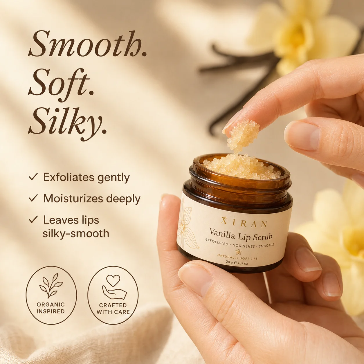 Close-up of hands holding and using a jar of vanilla lip scrub with granular texture under soft light; text highlights benefits like exfoliation and hydration.